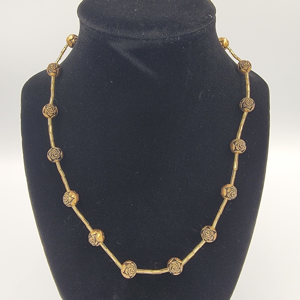 Vintage‎ Gold Tone Rose Bead Necklace Floral Ball Stations 22"